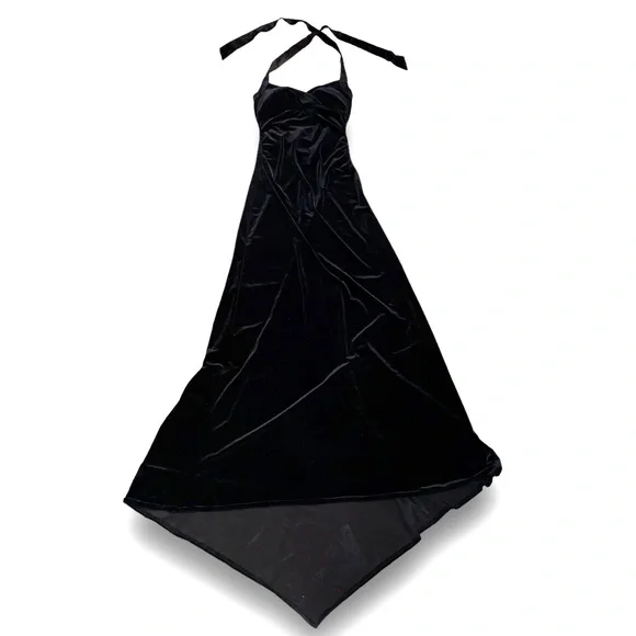 v i n t a g e :: Gorgeous Black Velvet Corset Tie Halter Maxi Dress - Picture 8 of 14